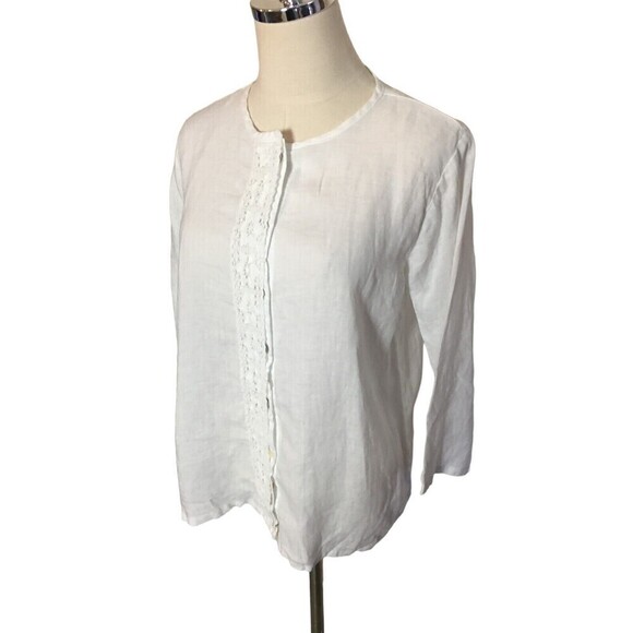 Russ Berens Size Extra Small Top White Long Sleeve Lagenlook Linen Lace Trim XS - Picture 3 of 8